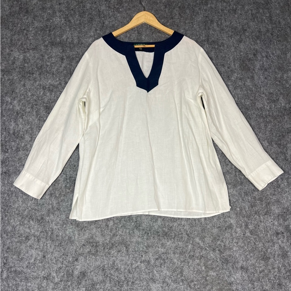 Ralph Lauren White Long Sleeve Tunic with White and Blue V-Neck Trim Size 1X